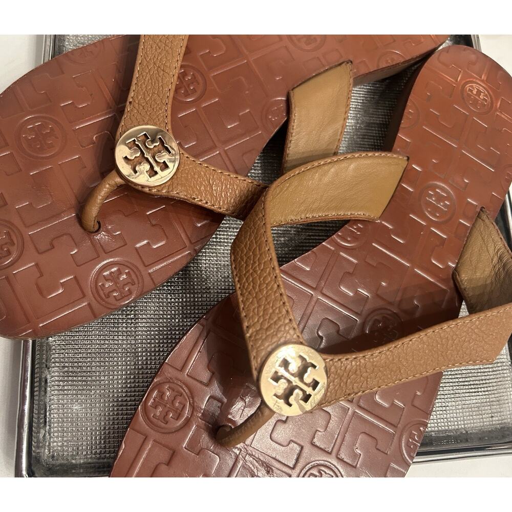 Tory Burch Thora Thong Sandals Womens 9 Brown/Tan Leather Gold Logo
